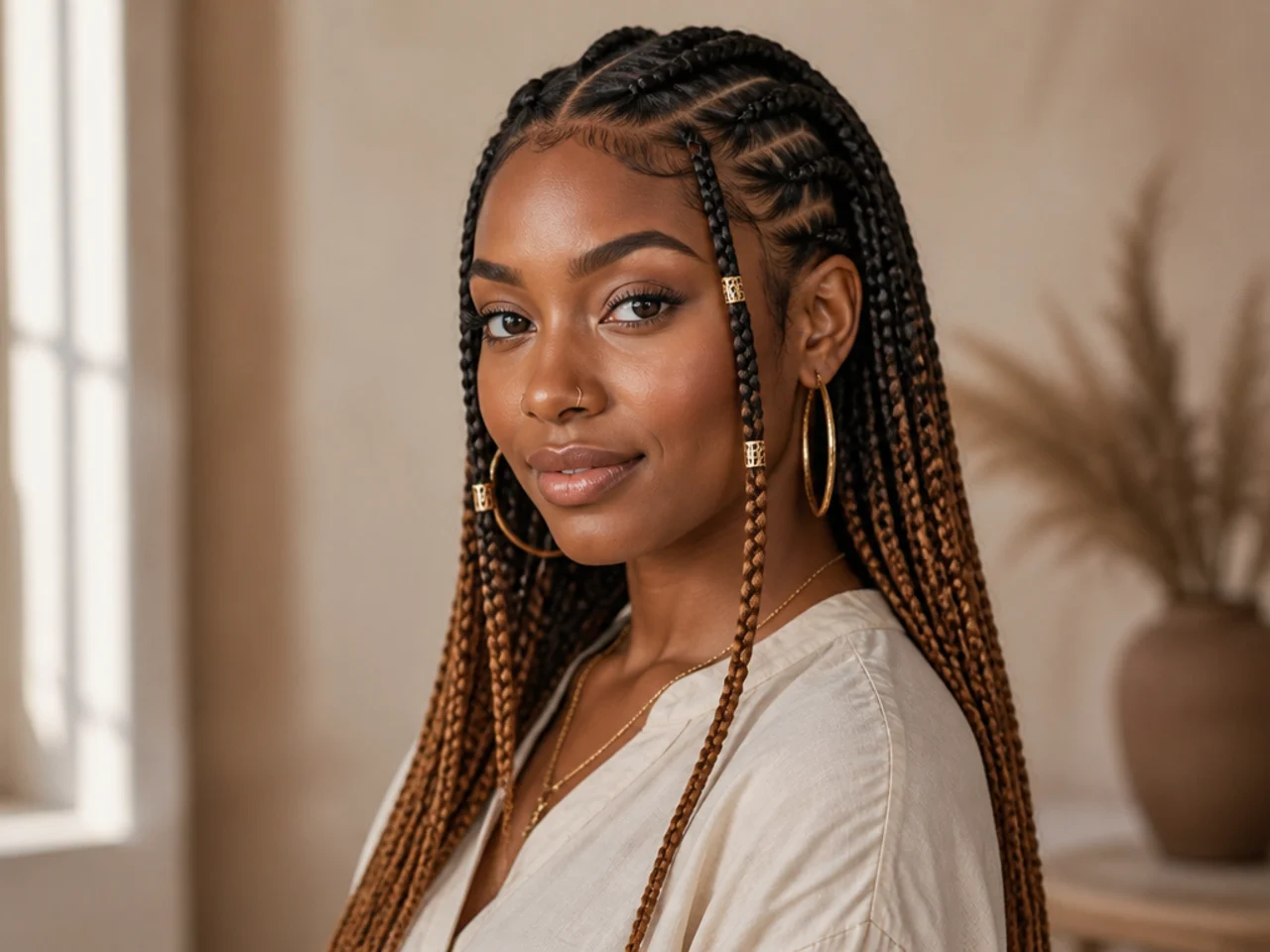 Two-tone Fulani braids with black roots and caramel ends