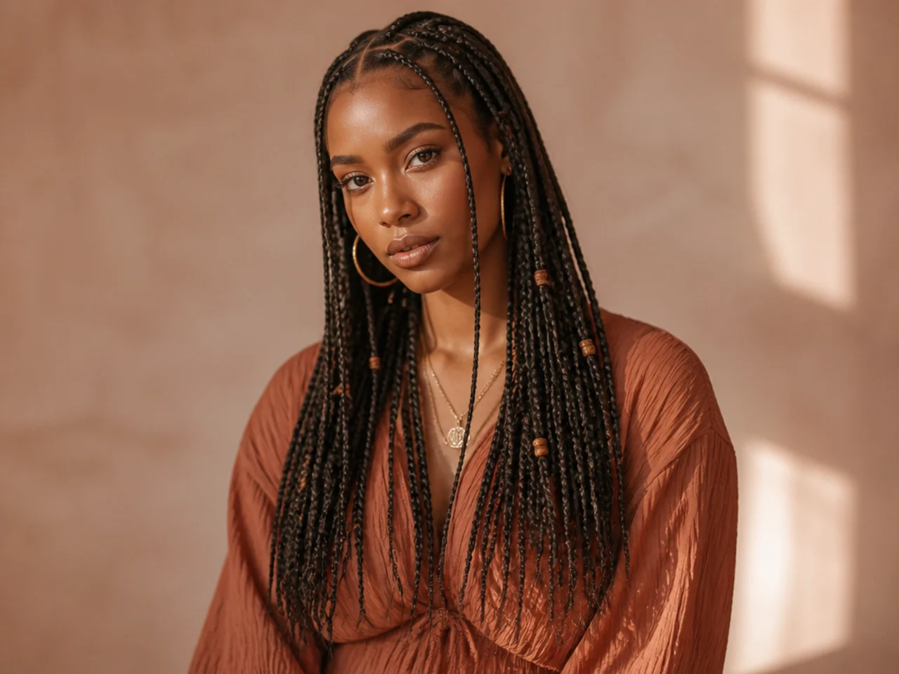 Small knotted Fulani braids at mid-back length