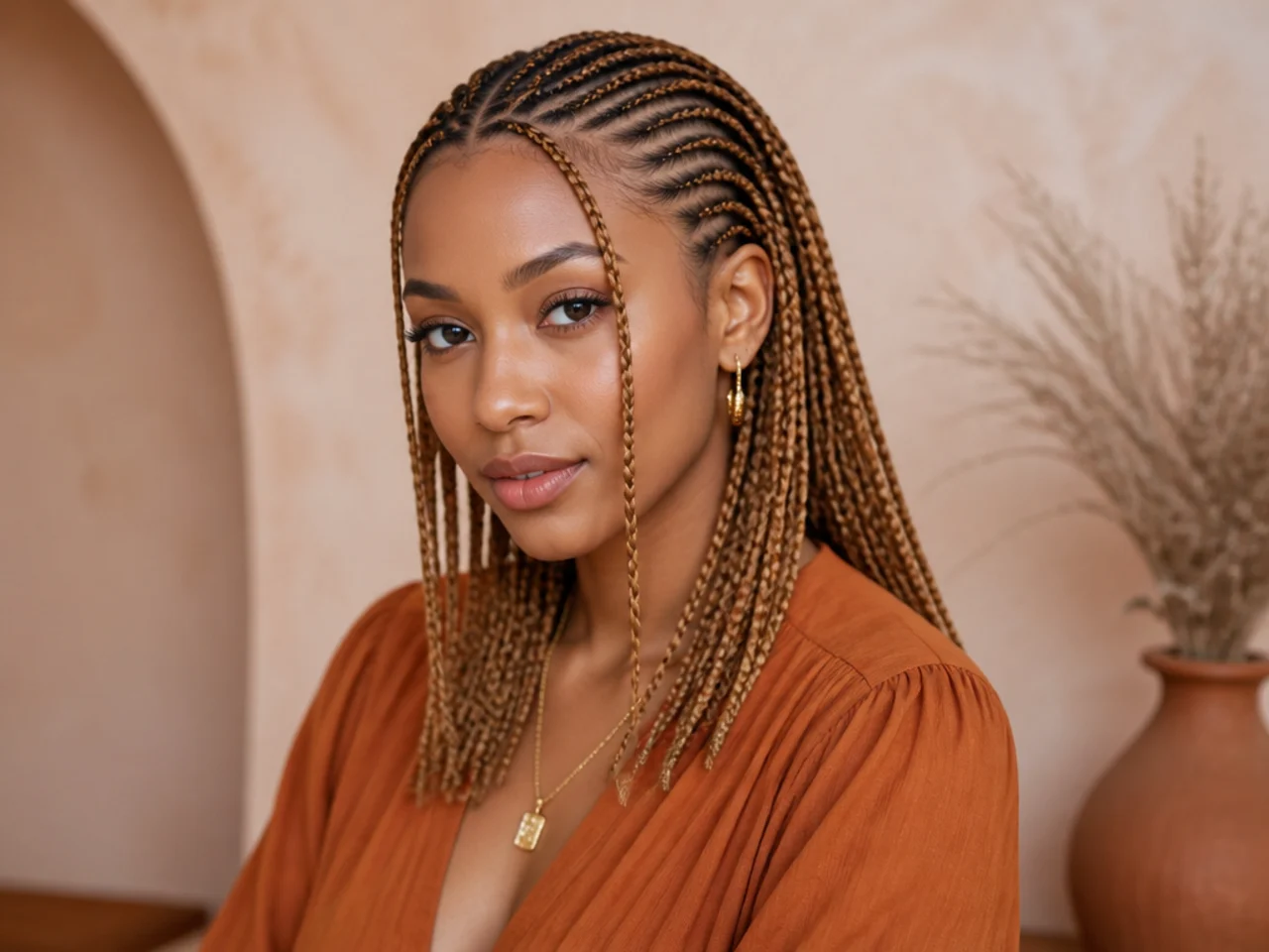 Honey blonde Fulani braids at medium size