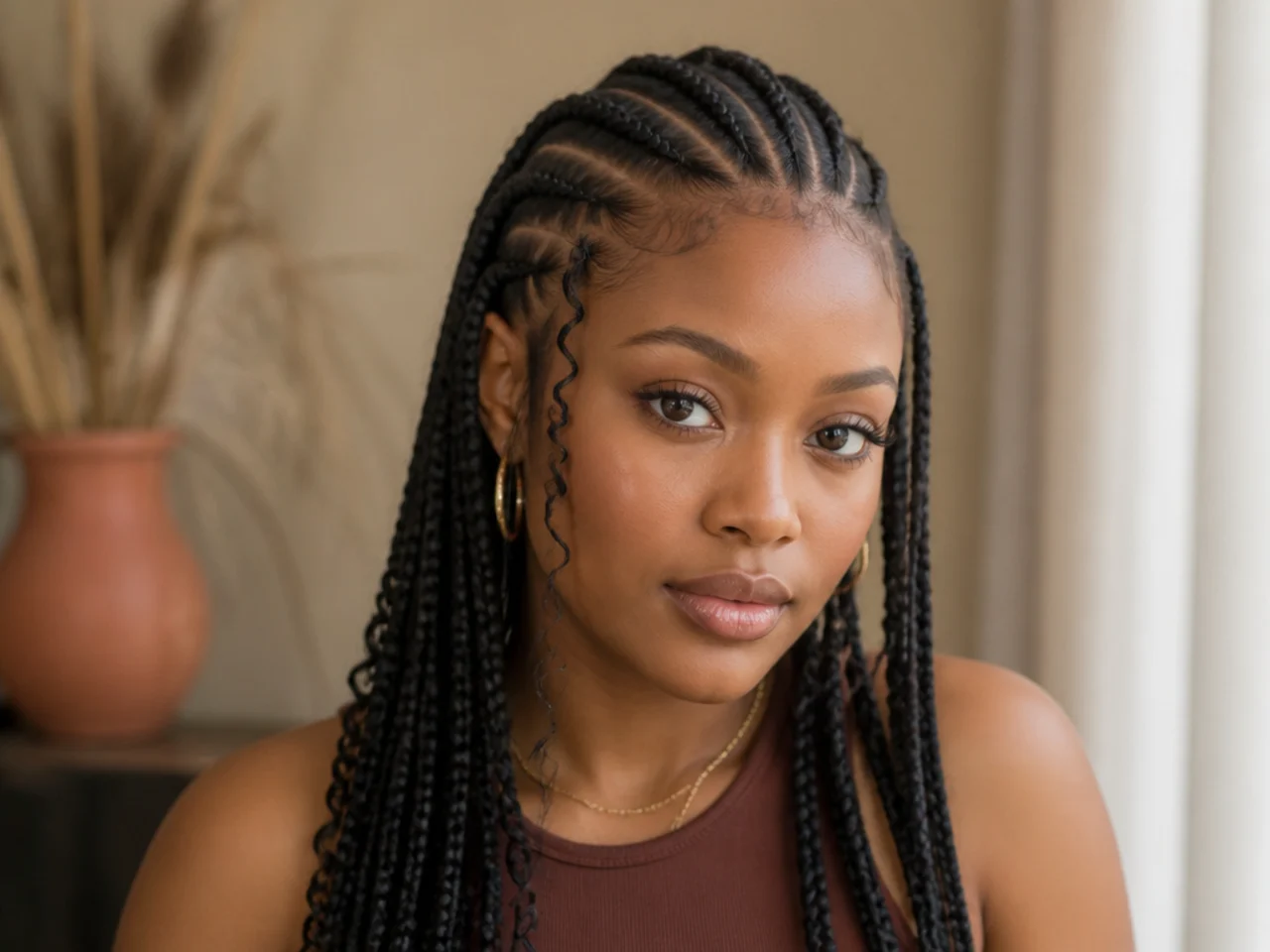 Home-installed Fulani braids showing slightly uneven front cornrows