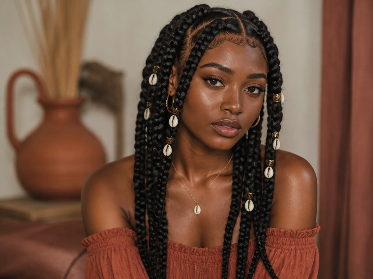 Jumbo Fulani braids decorated with cowrie shells