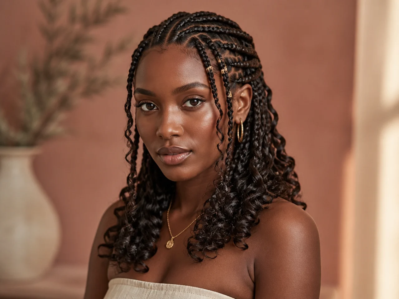Fulani braids finished with loose curled ends