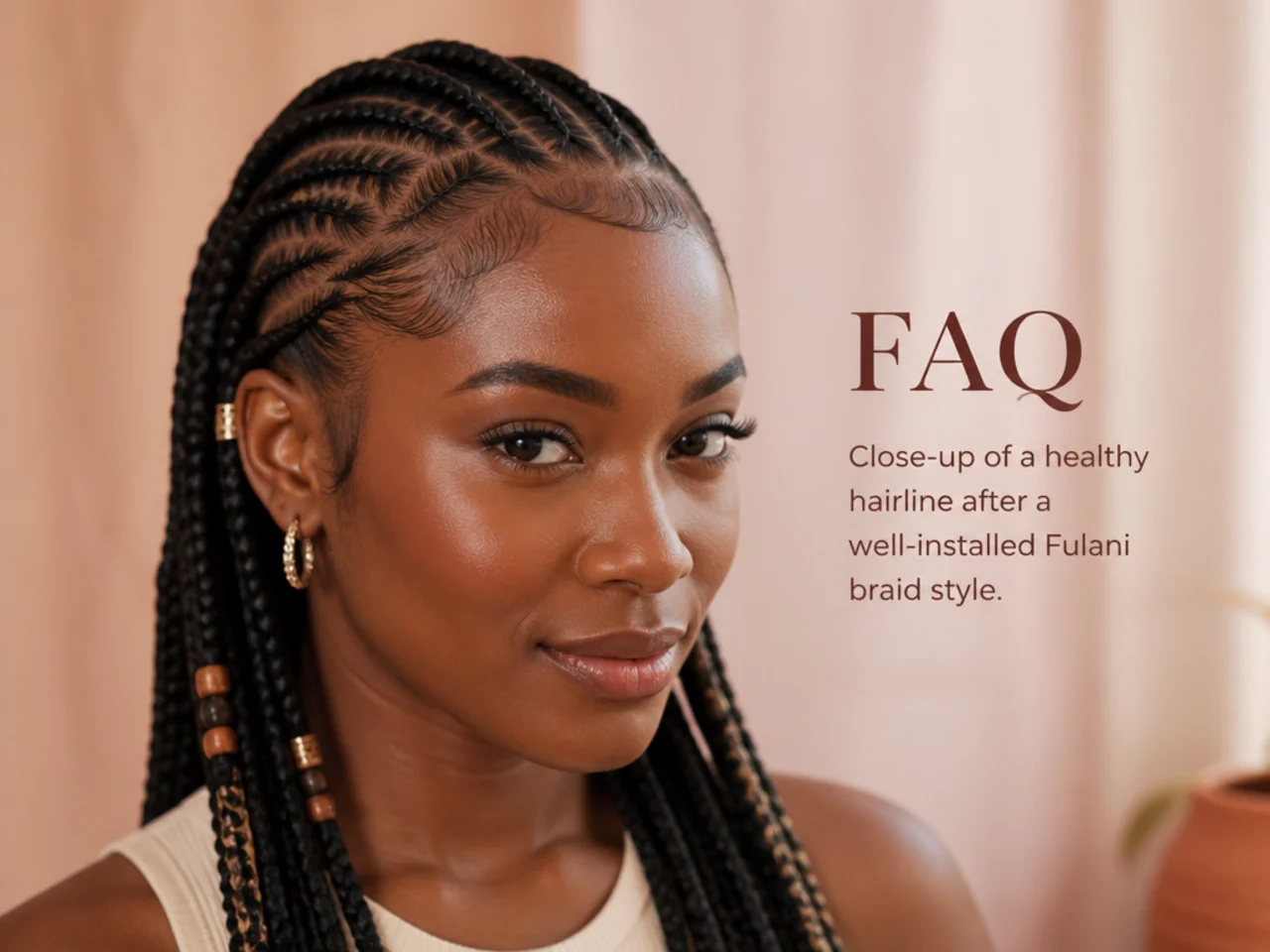 Close-up of a healthy hairline after a well-installed Fulani braid style
