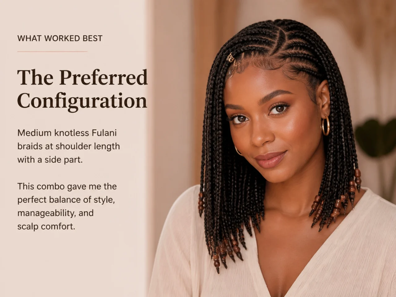 The preferred configuration — medium knotless Fulani braids at shoulder length with a side part
