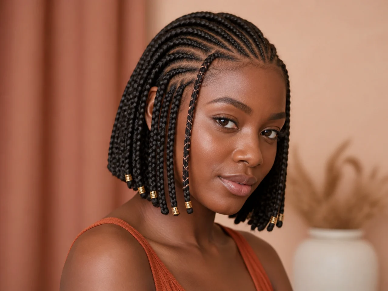 Fulani braids installed at chin length in a blunt bob with the traditional cornrowed front