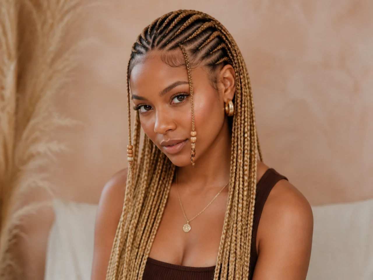 Fulani braids in a warm honey blonde tone with the cornrowed front pattern