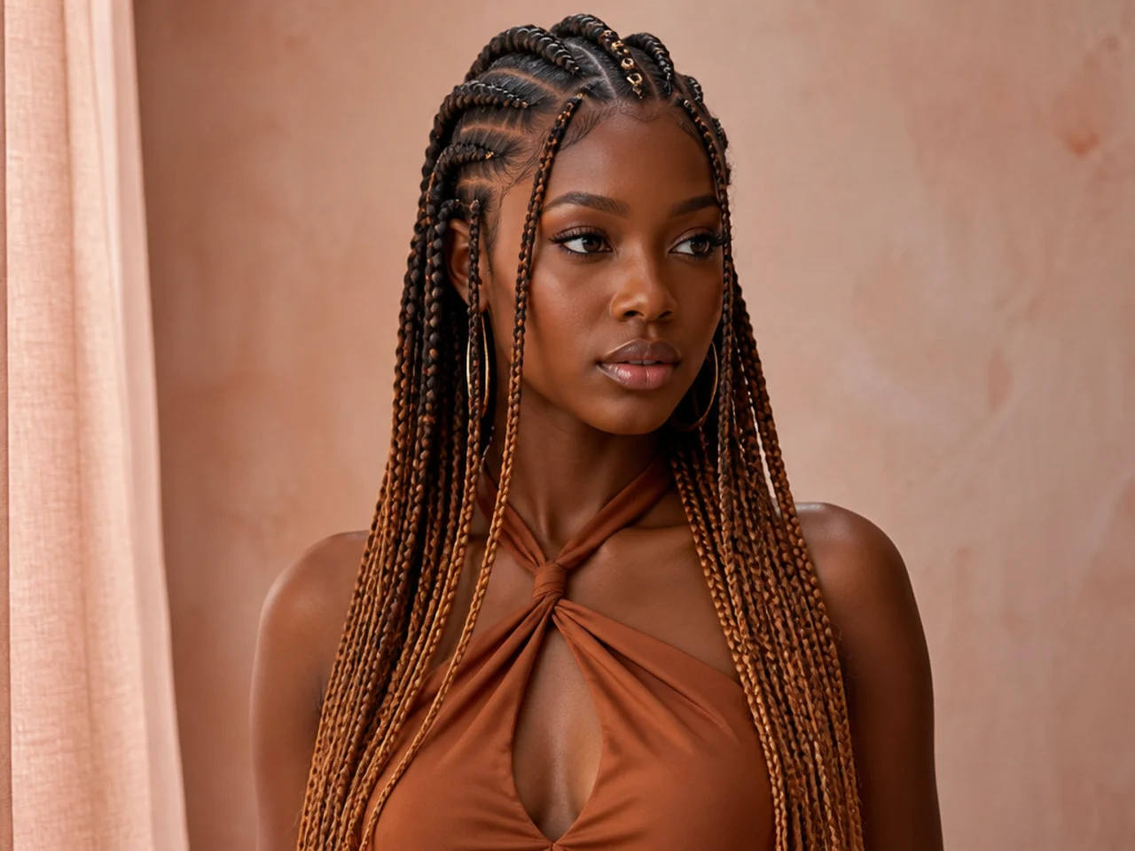 Fulani braids with black roots blending into a lighter caramel shade from mid-length down