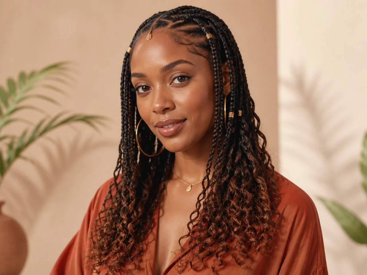 Fulani braids finished with loose curled ends rather than sealed braid tips