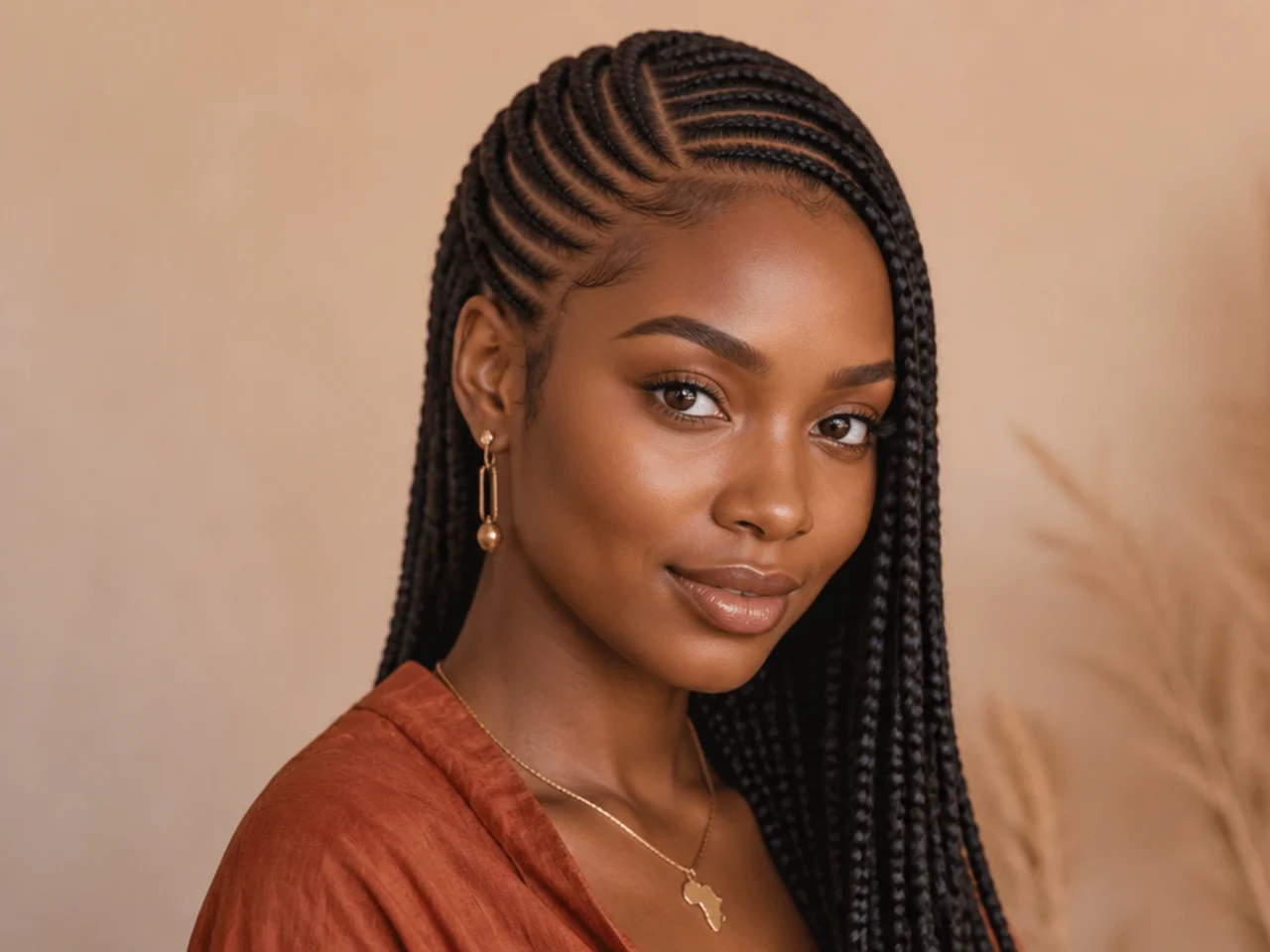 Fulani braids with a deep side parting and cornrows angled back from the off-centre line