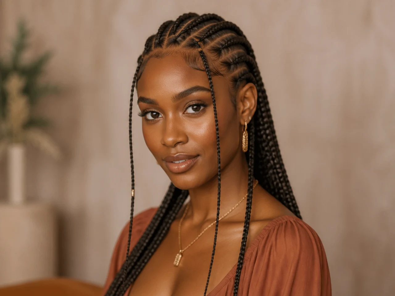 Fulani braids with two slim face-framing braids left loose in front of the ears