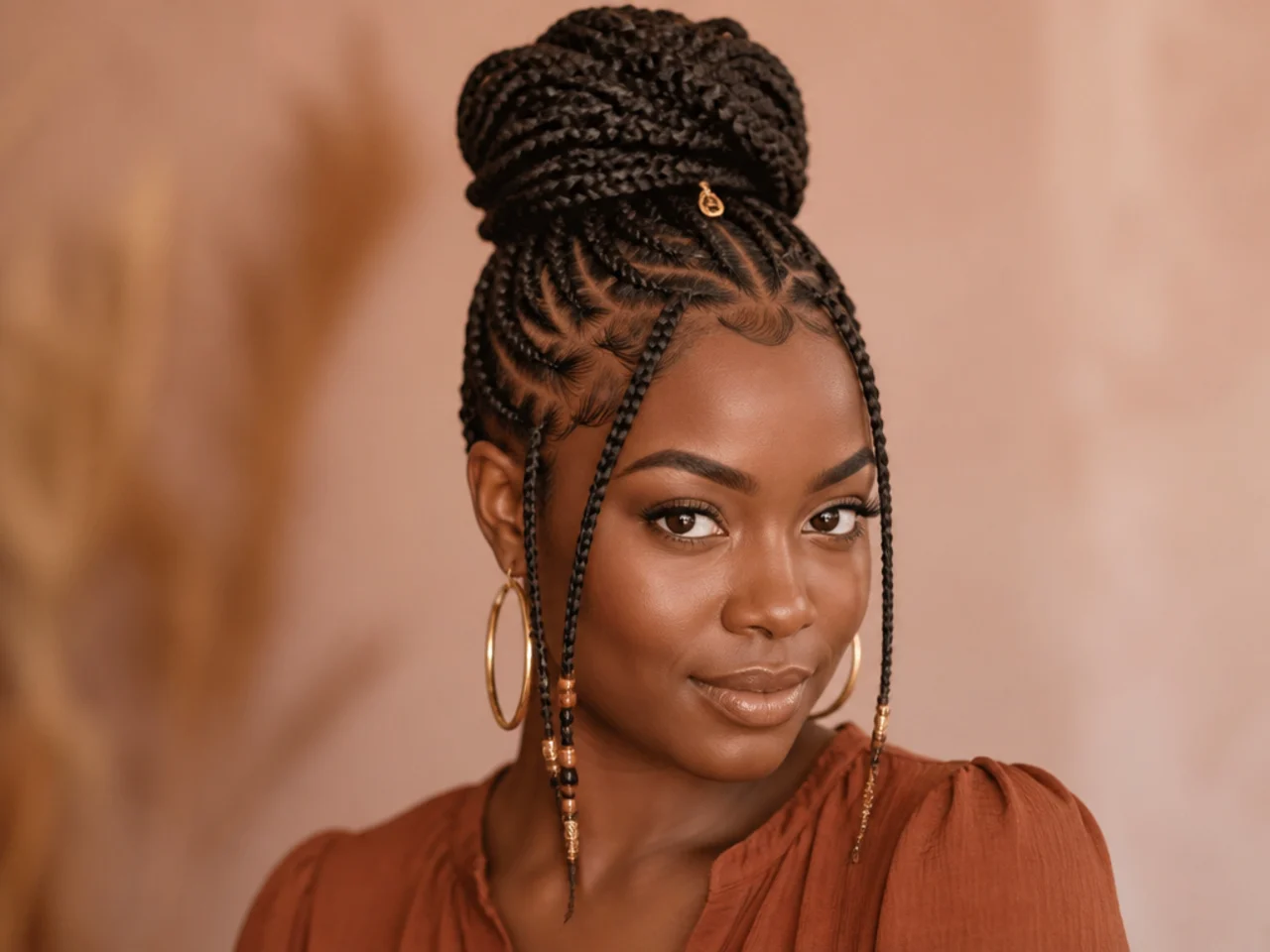 Fulani braids gathered into a high bun with the cornrowed front pattern still visible