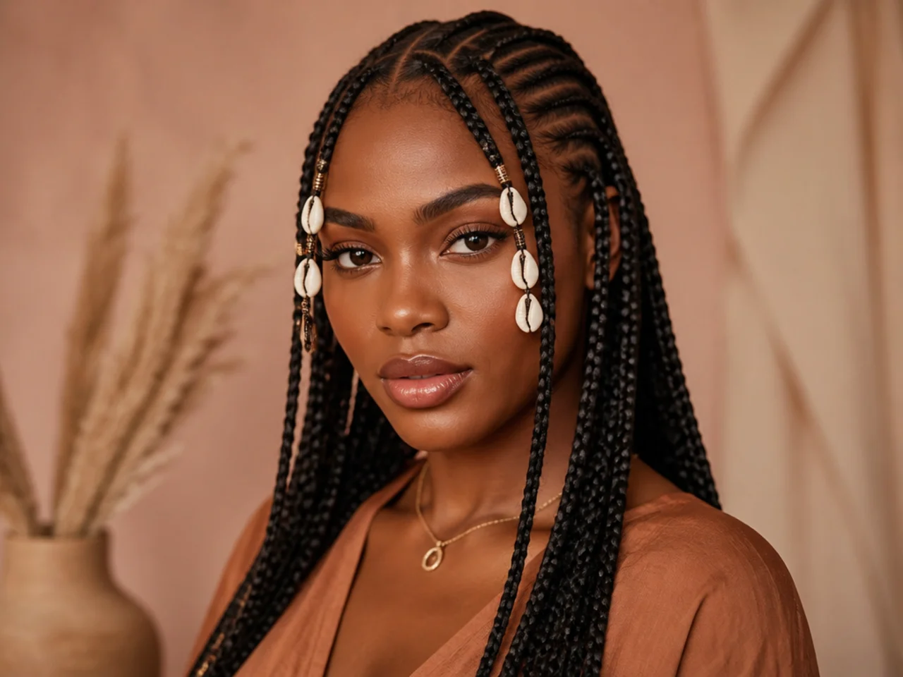 Fulani braids decorated with white cowrie shells threaded onto the front braids