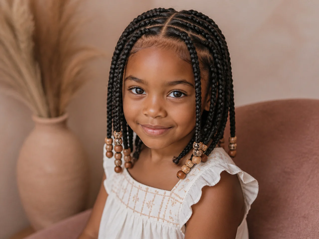 Child wearing shoulder-length jumbo Fulani braids with two simple cornrows and light beads