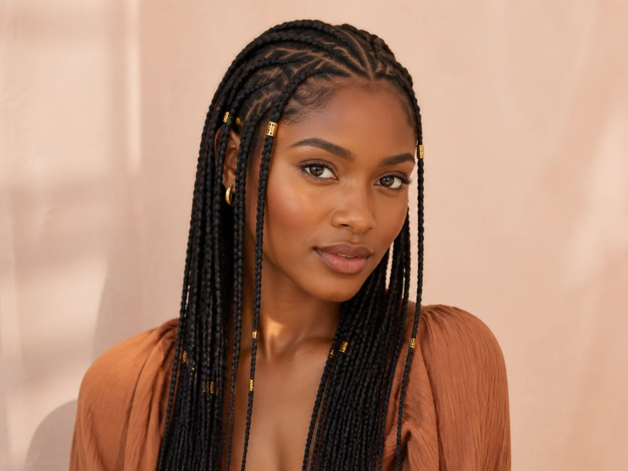 Fulani braids decorated with slim gold cuffs across the front cornrows and a few loose braids