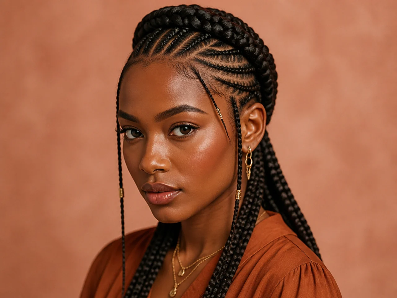 Fulani braids with the front cornrows continued around the head as a braided crown