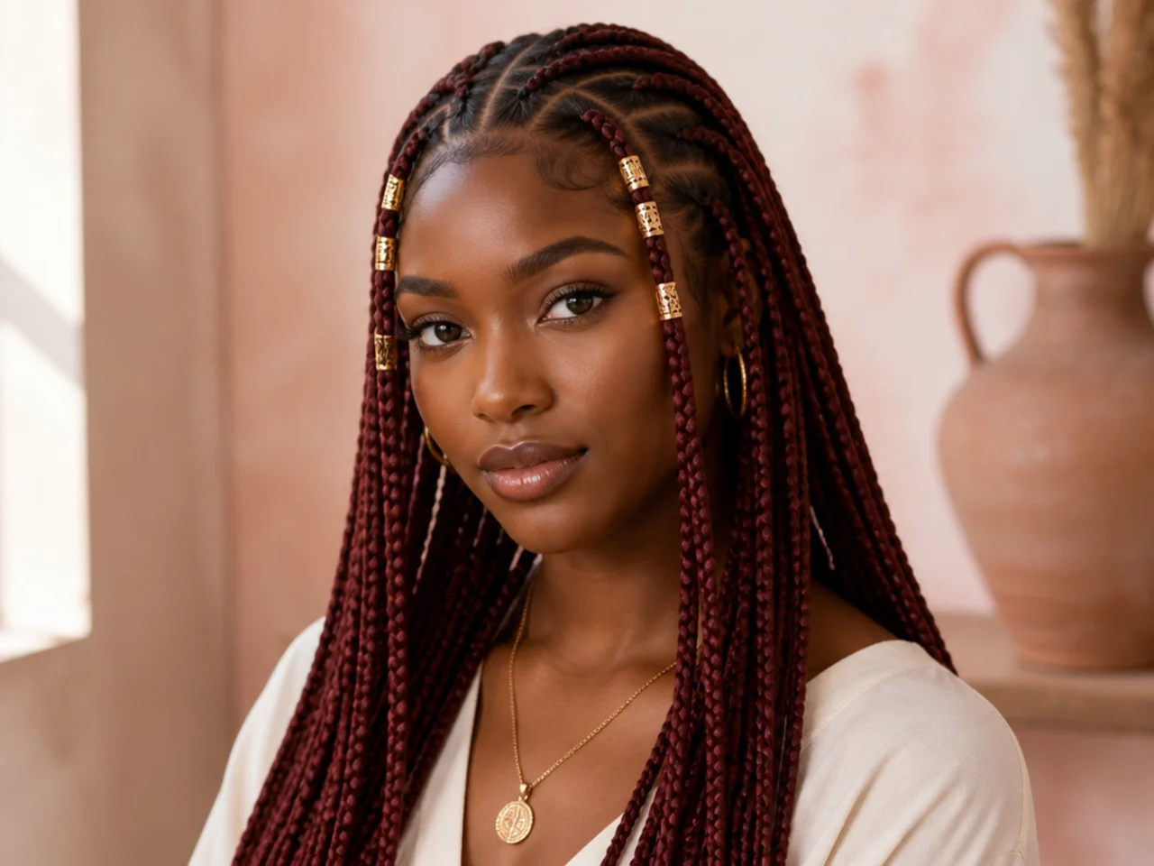 Fulani braids in a deep burgundy red-brown shade with gold cuffs on the front braids