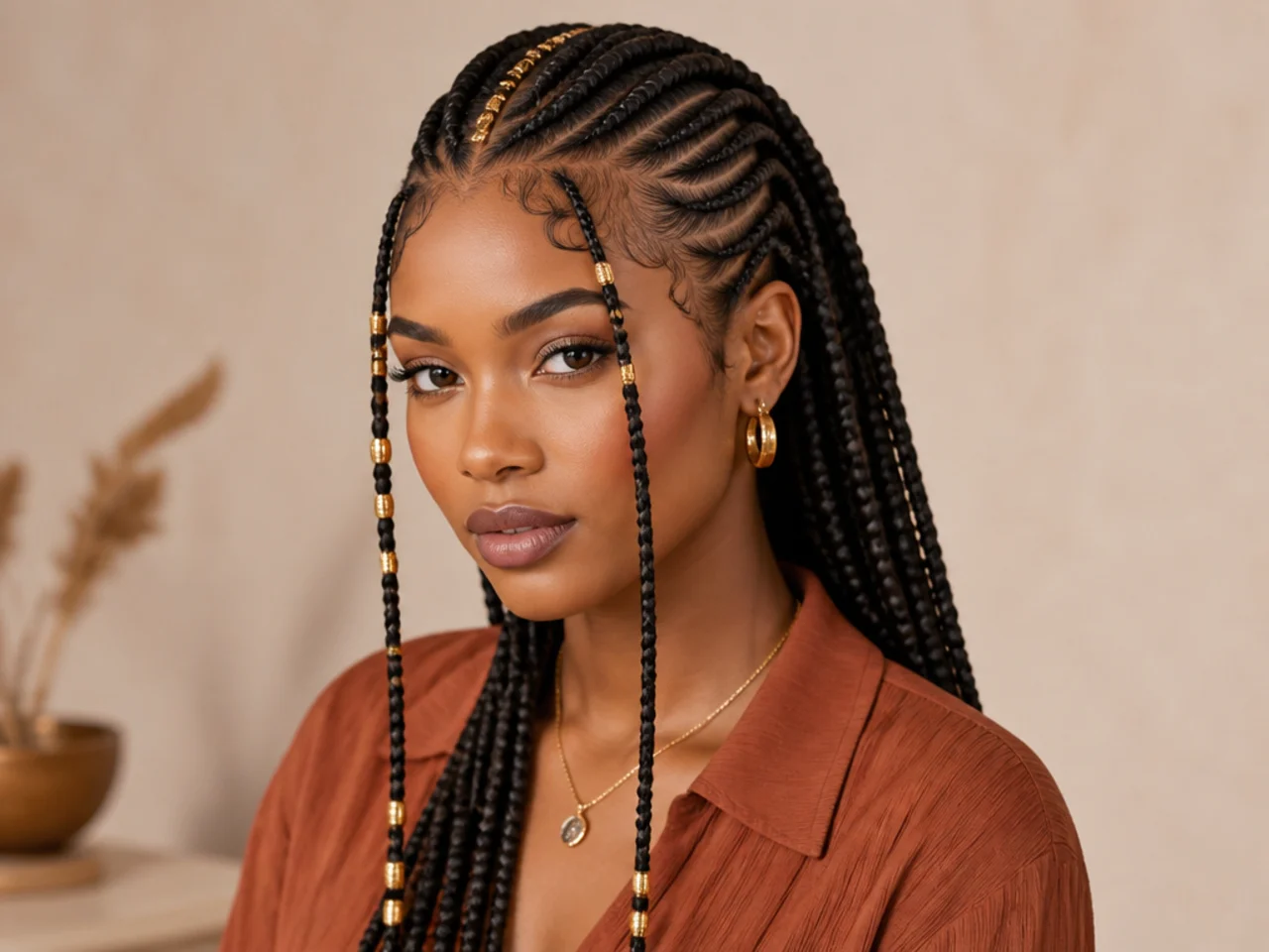 Fulani braids with front cornrows braided in a curved arc rather than straight back