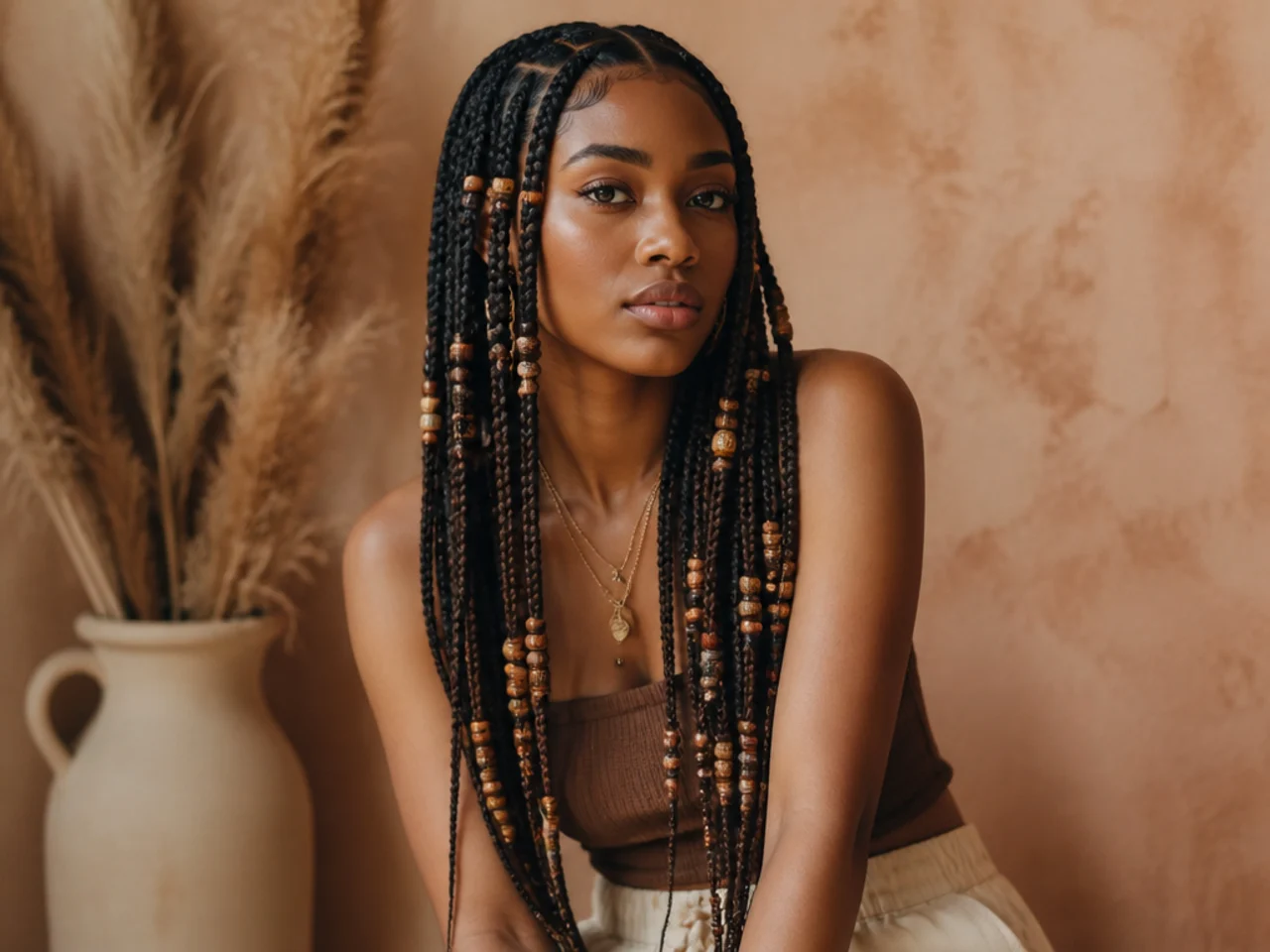 Long Fulani braids with wooden beads spaced along the full length of each braid