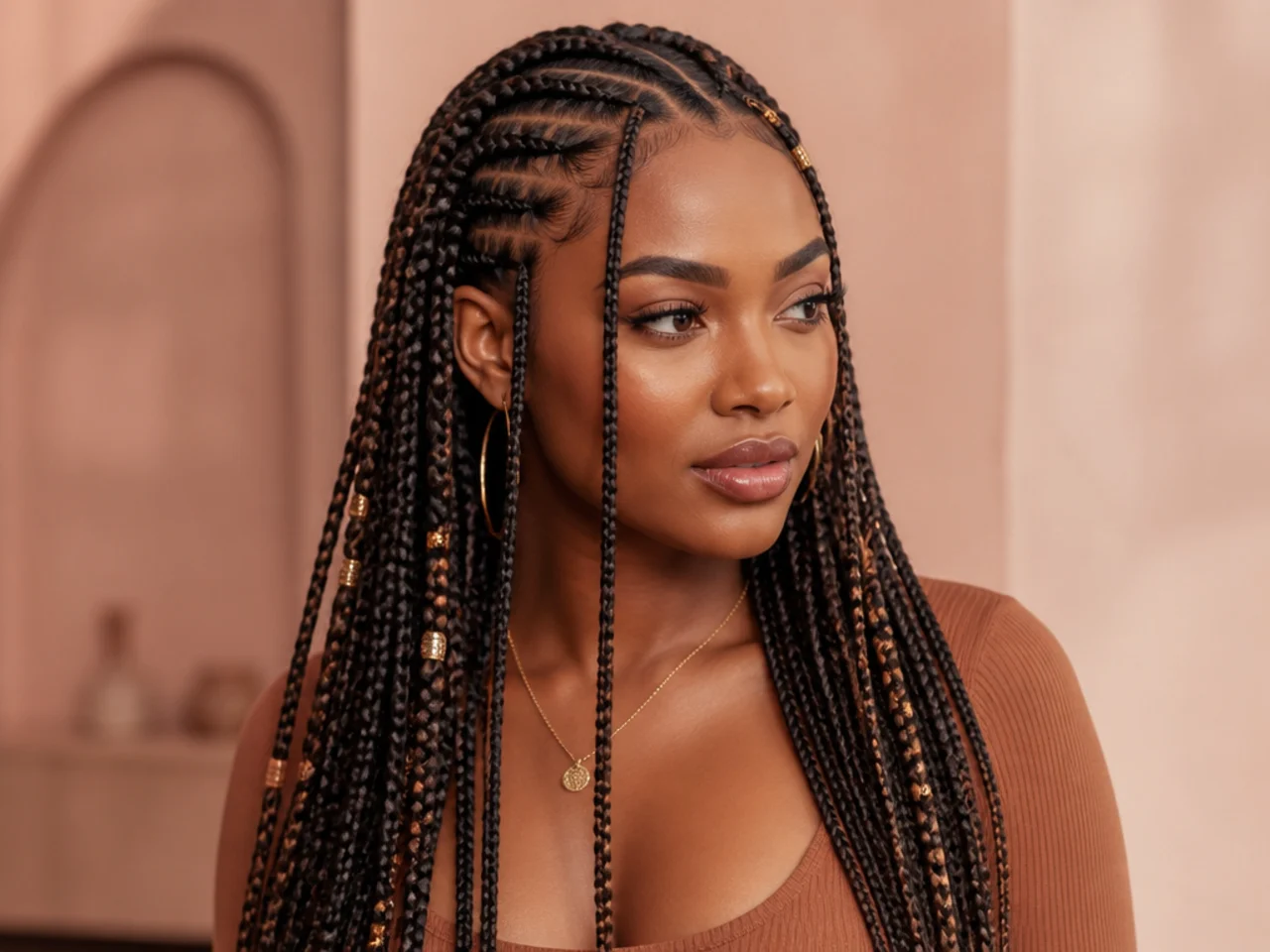 Fulani braids alternating thick and thin braid widths through the loose section
