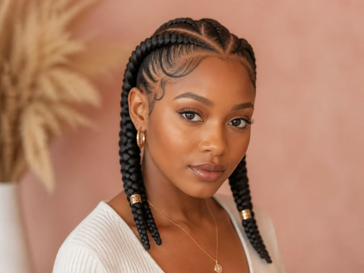 Low-tension jumbo Fulani braids on fine hair with two wide knotless cornrows at shoulder length
