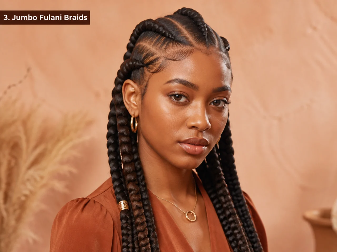 Jumbo Fulani braids with thick finger-width braids and two wide cornrows at the front