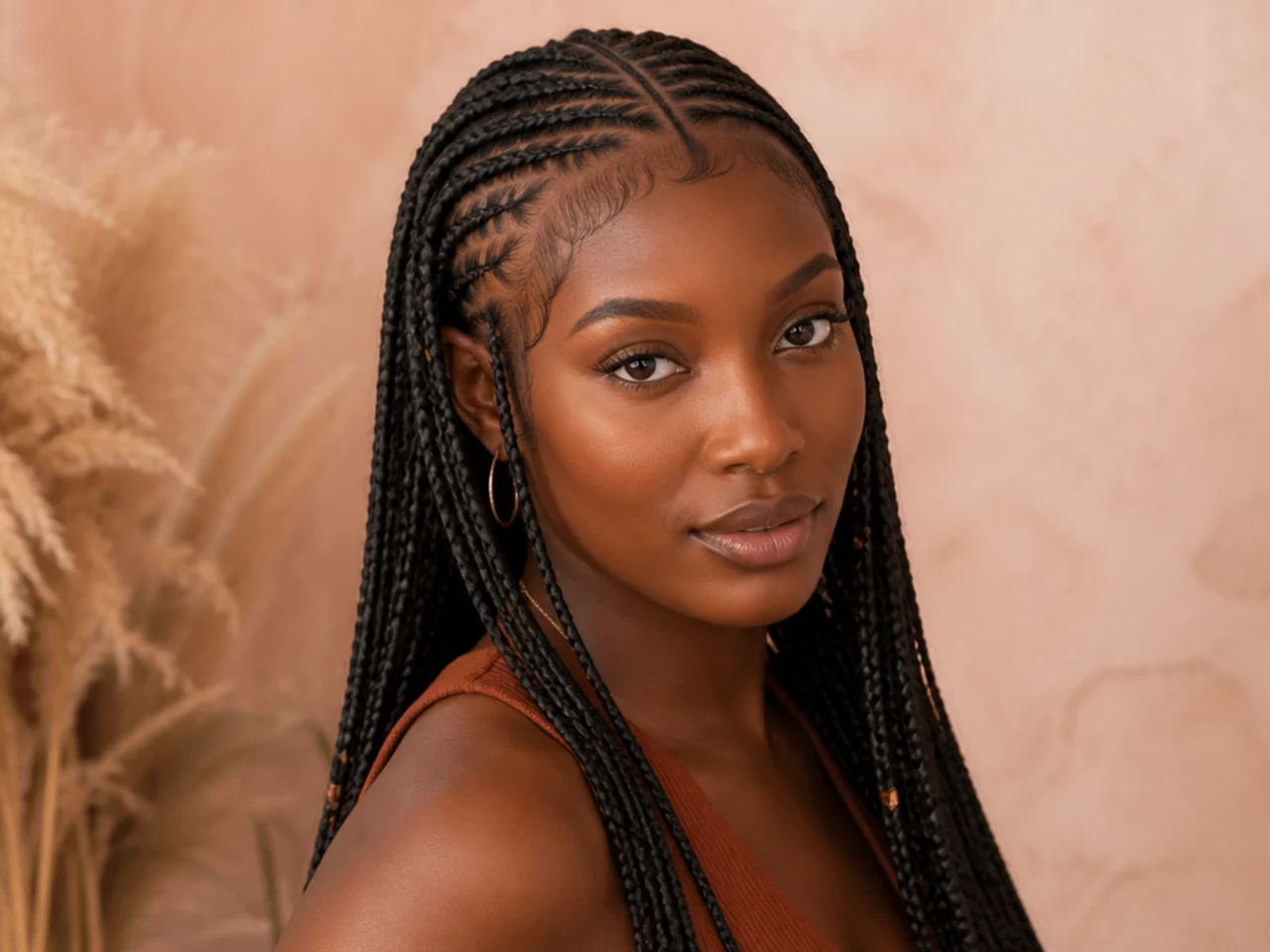 Small pencil-width Fulani braids with several fine cornrows across the front sections