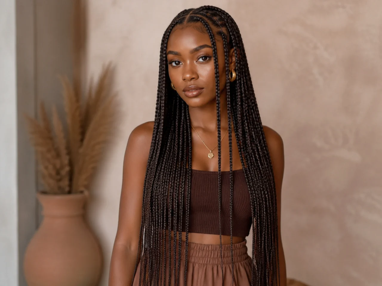 Long Fulani braids falling to the waist with a clean centre parting and cornrowed front