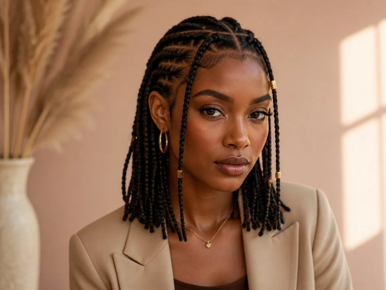 Shoulder-length Fulani braids with two front cornrows and loose braids ending at the collarbone