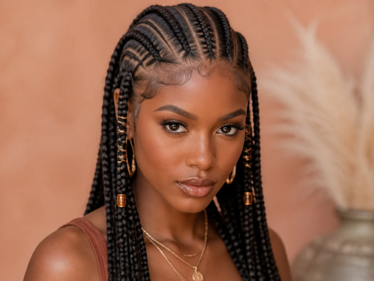 Fulani braids with an additional cornrow running down the centre parting between the two side sections