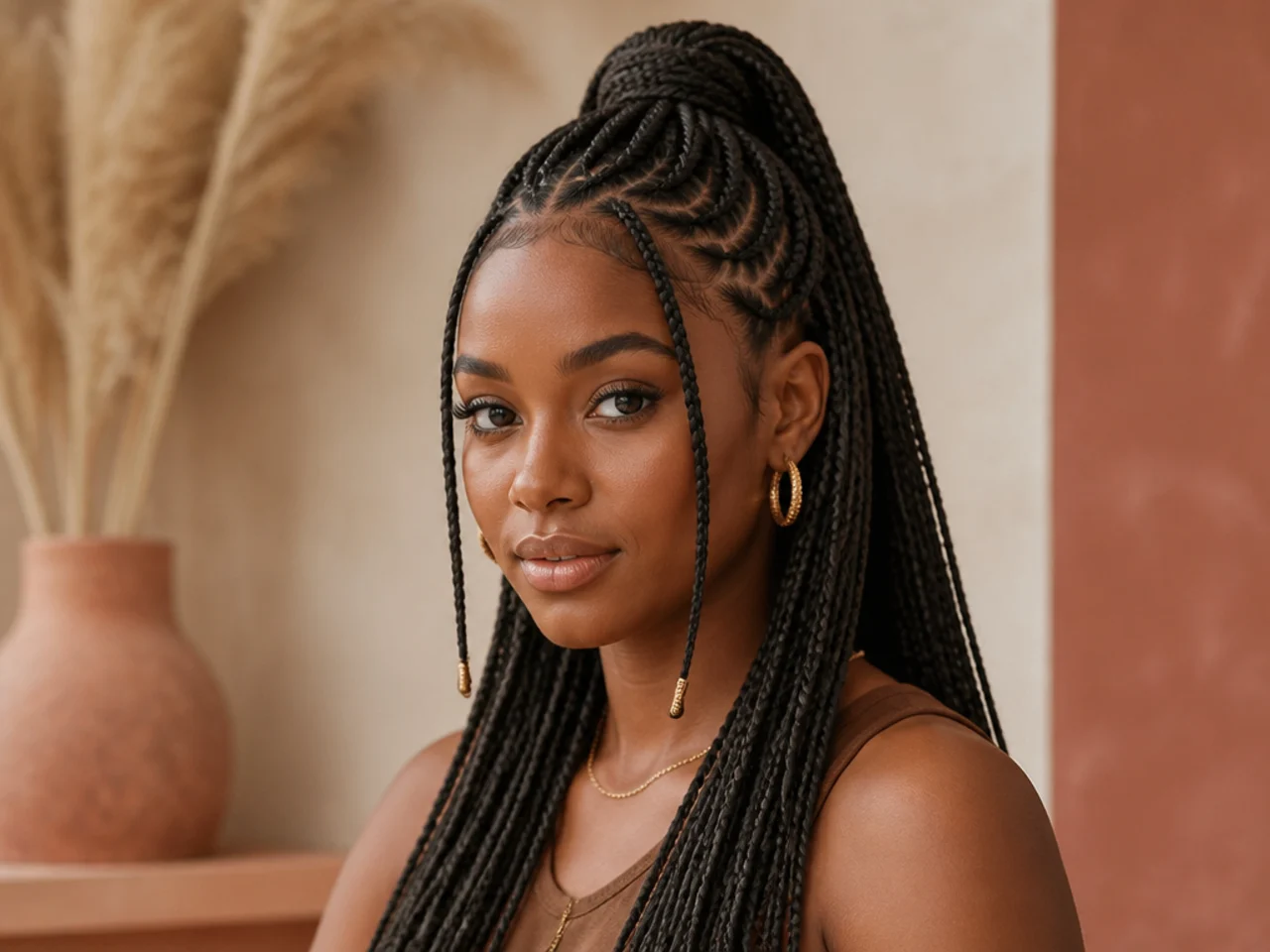 Fulani braids worn half up with the loose braids gathered into a high ponytail and the front braids left down