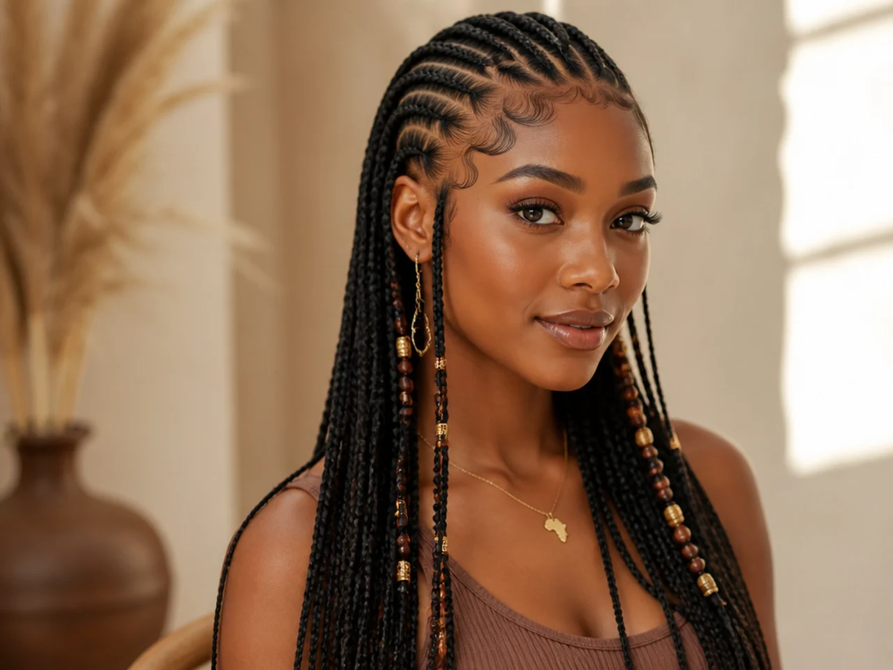 Three-quarter view of finished Fulani braids showing the parting, cornrows and braid ends together