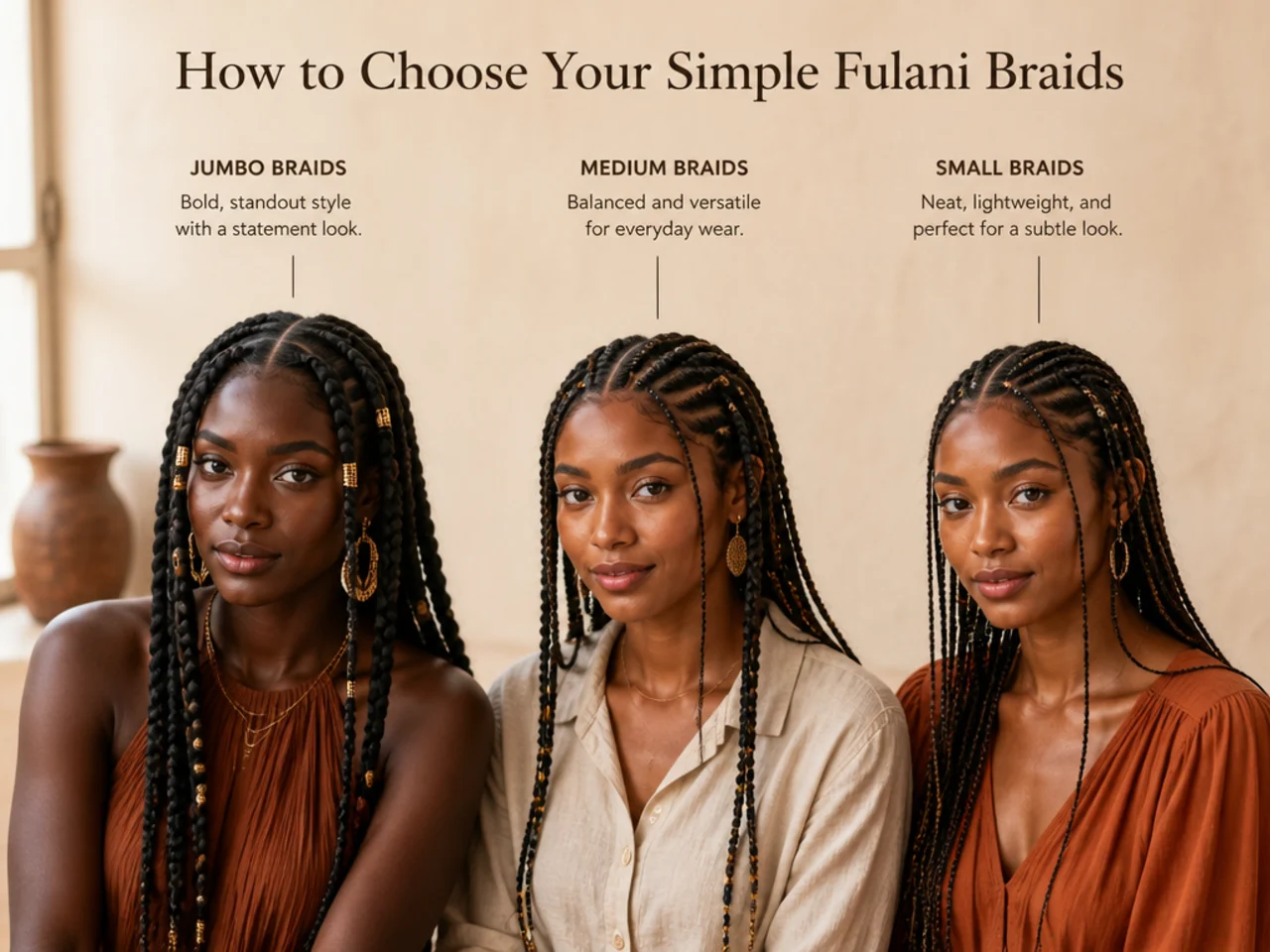 Three Fulani braid sizes side by side on different models — jumbo, medium and small — showing how braid size changes the look