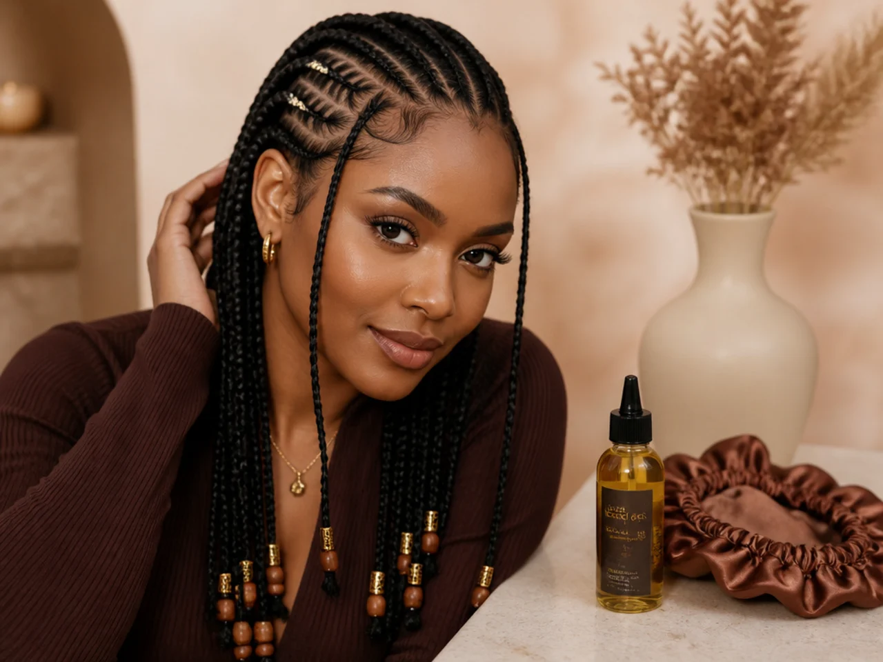Applicator bottle, light scalp oil and a satin bonnet arranged as a Fulani braid maintenance kit