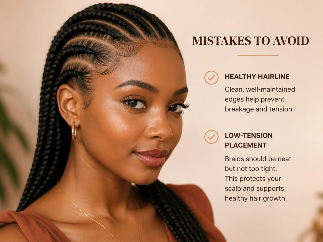 Close-up of a healthy braid hairline next to correct low-tension braid placement