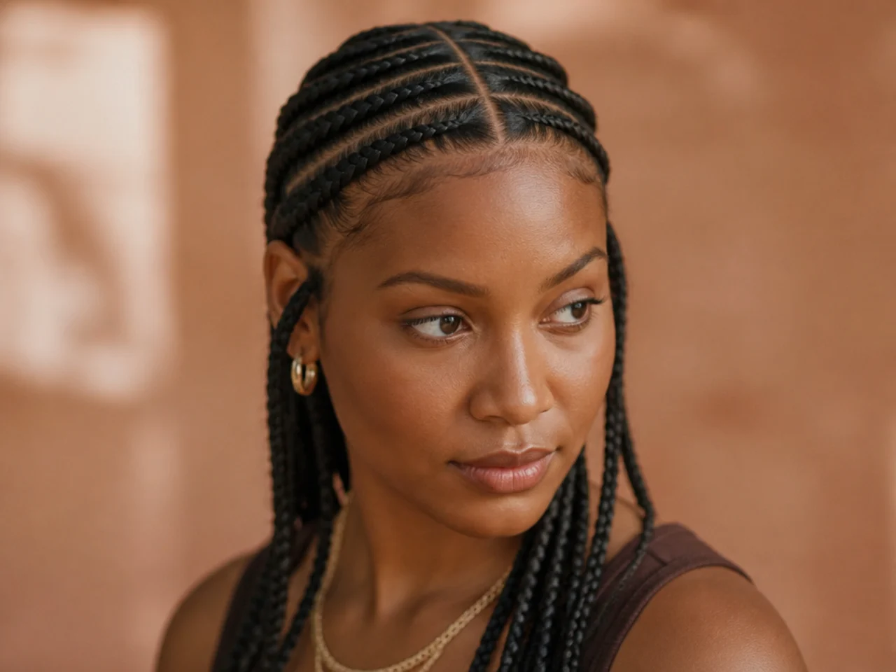 Close-up of the Fulani braid pattern showing a clean centre parting with two cornrows braided straight back on each side