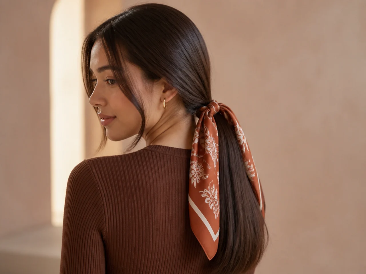 A scarf used as a hair tie