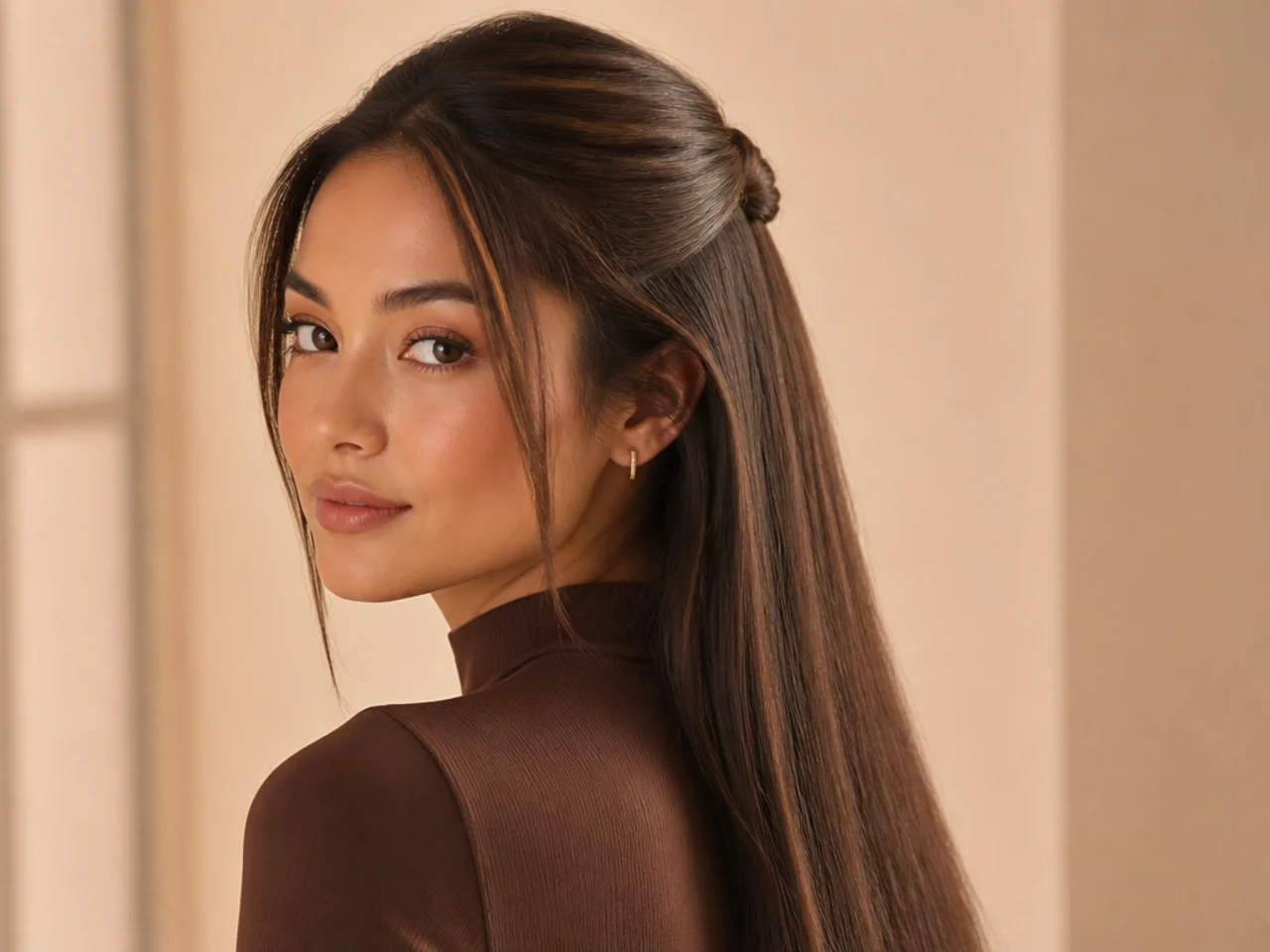 A half-up tied with a section of hair