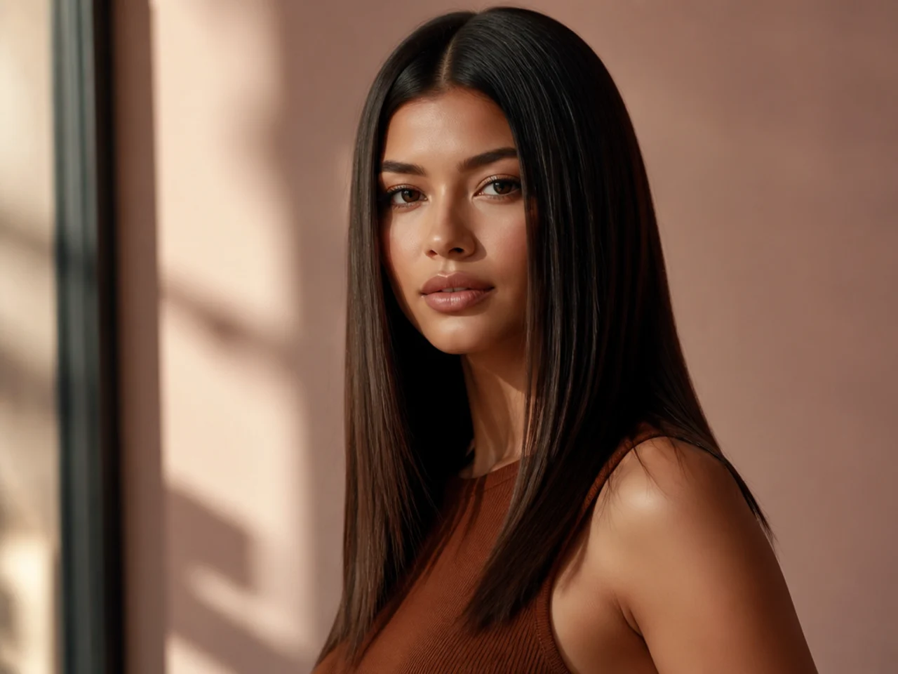 Straight hair worn down with a middle part
