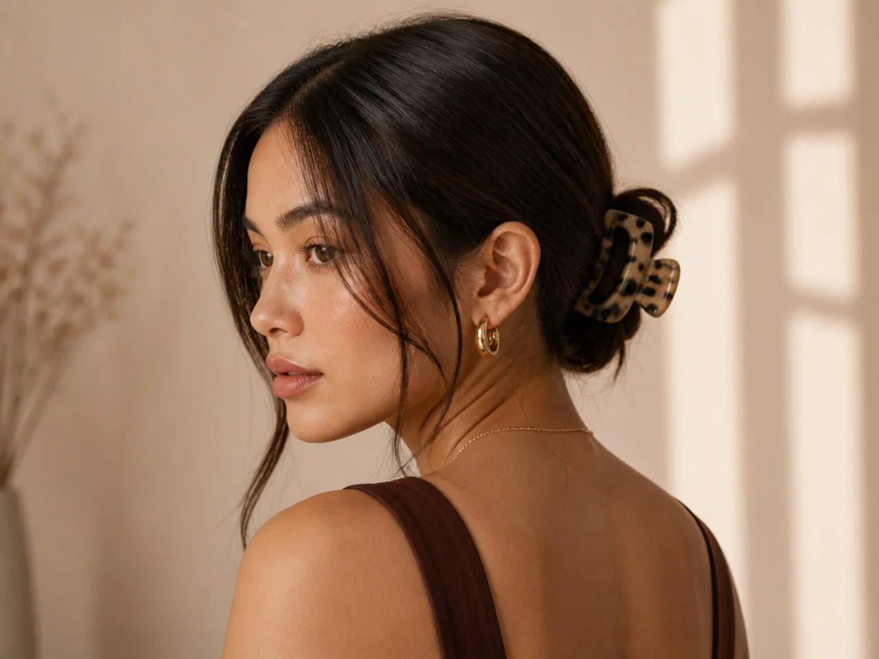 A low bun held with a claw clip