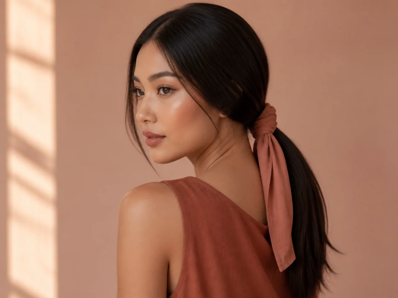 A low ponytail with a fabric tie