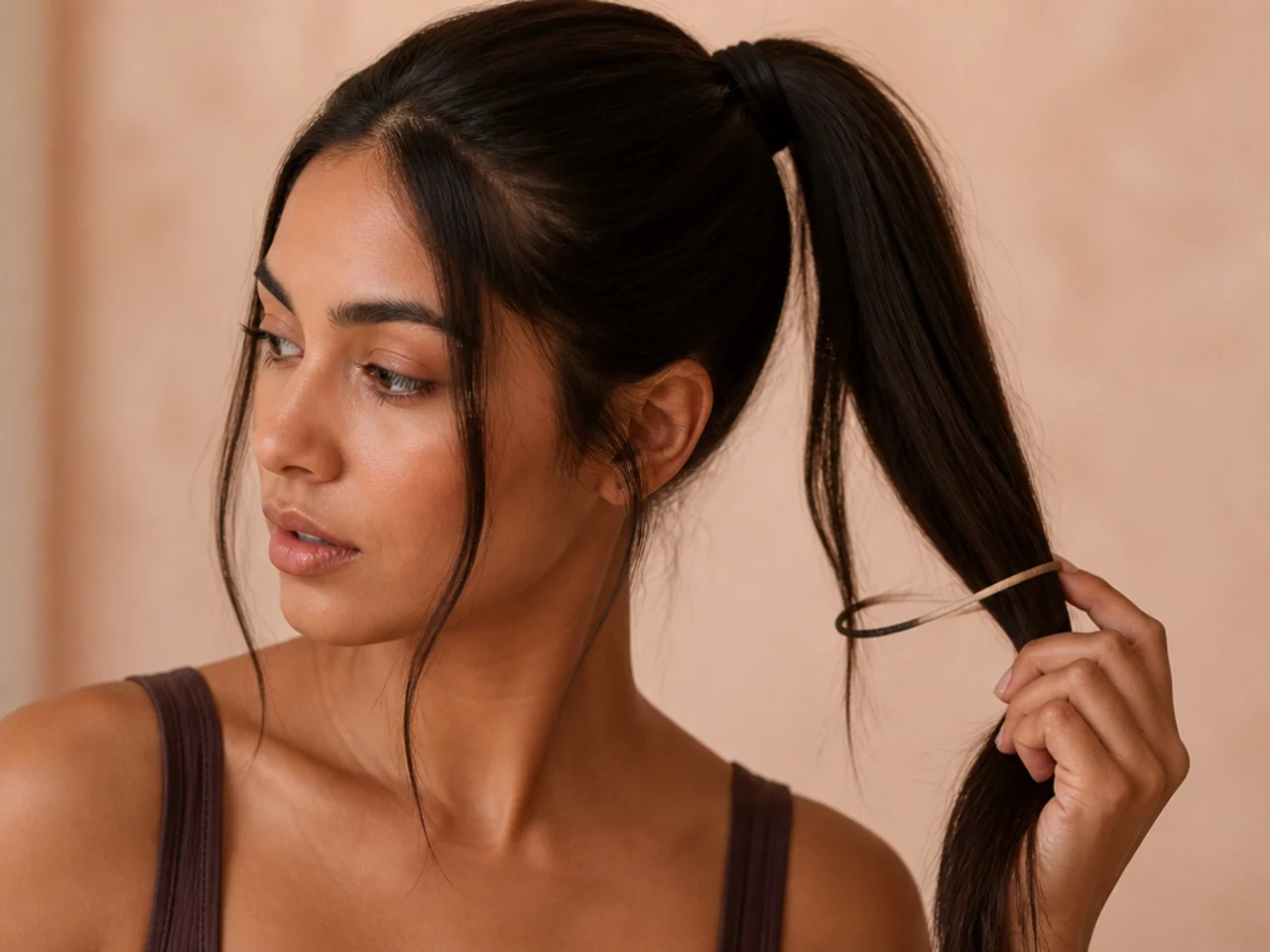 A bare elastic sliding out of straight hair