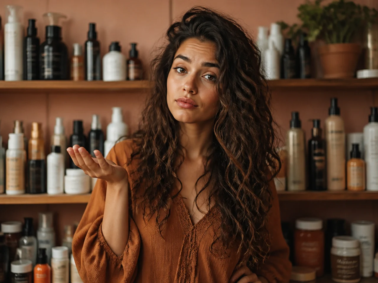 A crowded shelf of styling products
