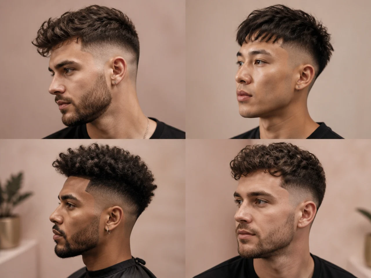 Three side-by-side portraits showing low, mid, and high skin fades tuned to different face shapes