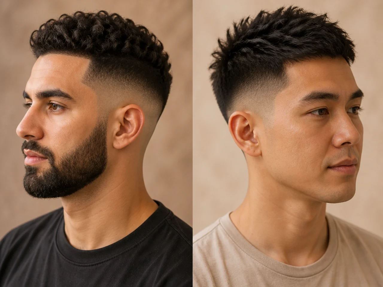 Front portrait of a man with a mid skin fade and a trimmed beard blended into the sideburn