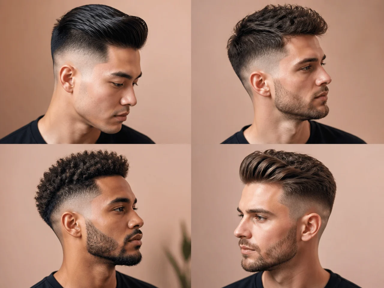 Grid of four men showing skin fades paired with a buzz, French crop, curly top, and slick back
