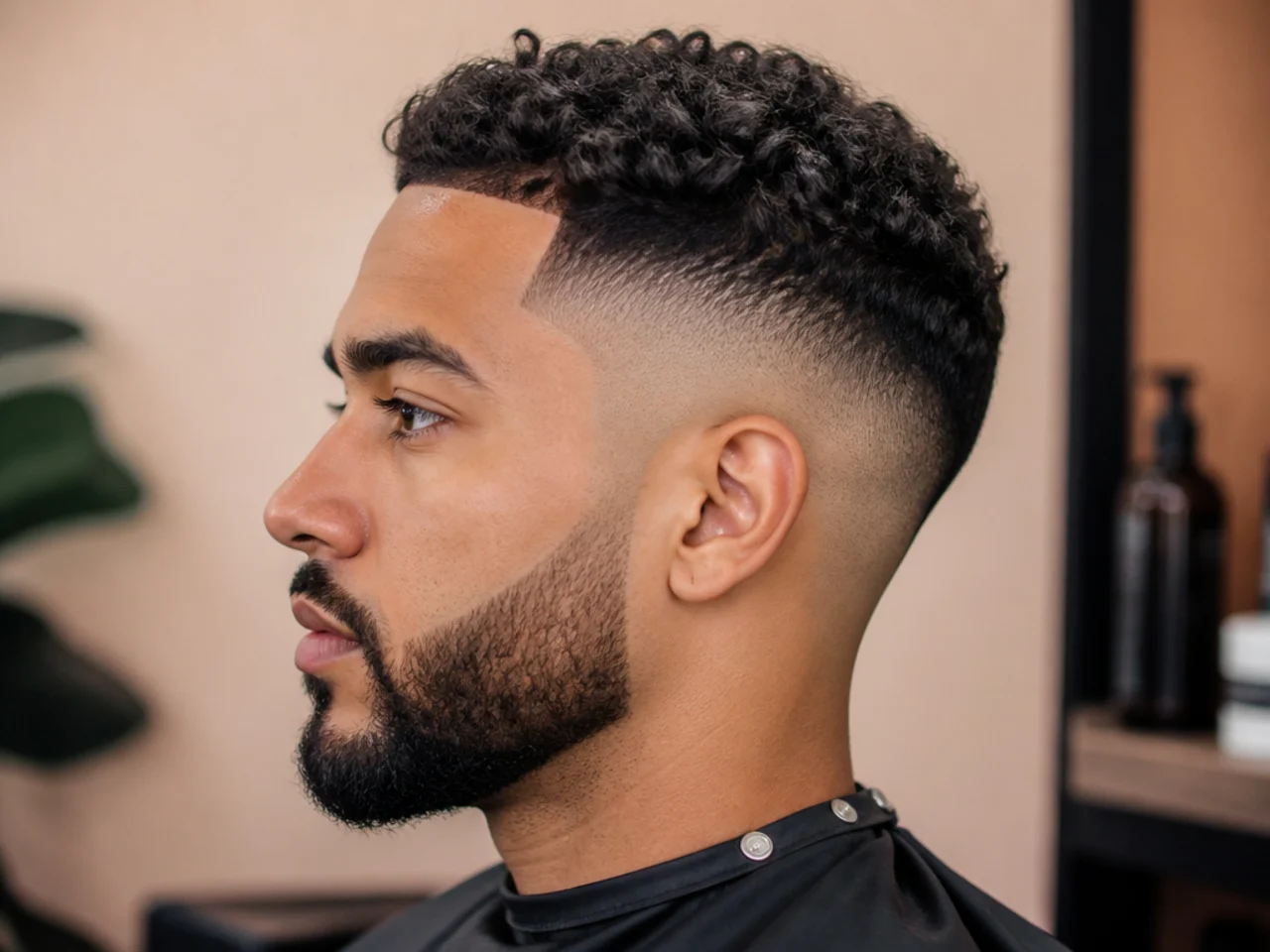 Side profile of a skin fade at day fourteen — the shortest zone has grown into soft stubble but the shape holds