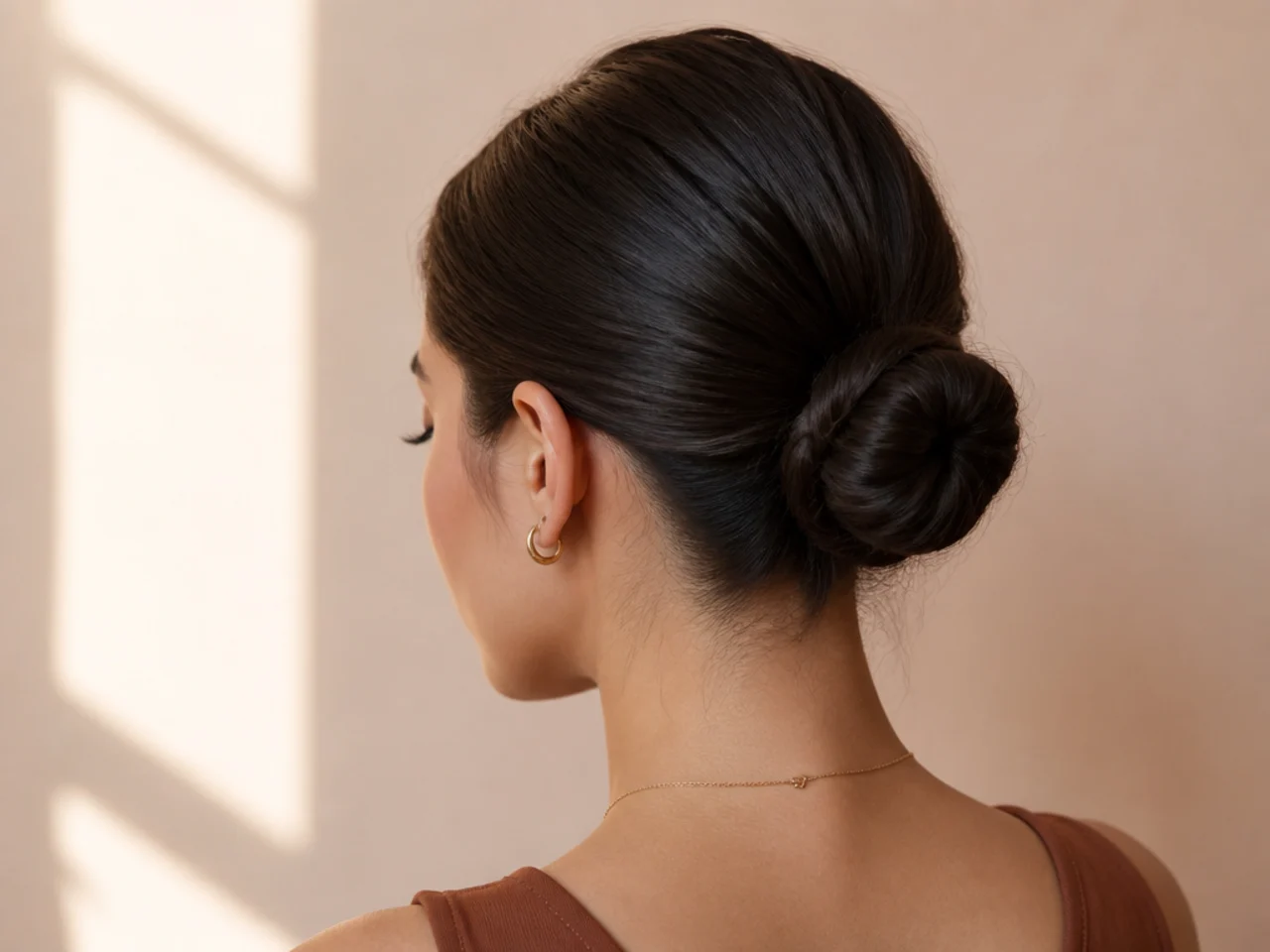 A sleek bun on second-day hair
