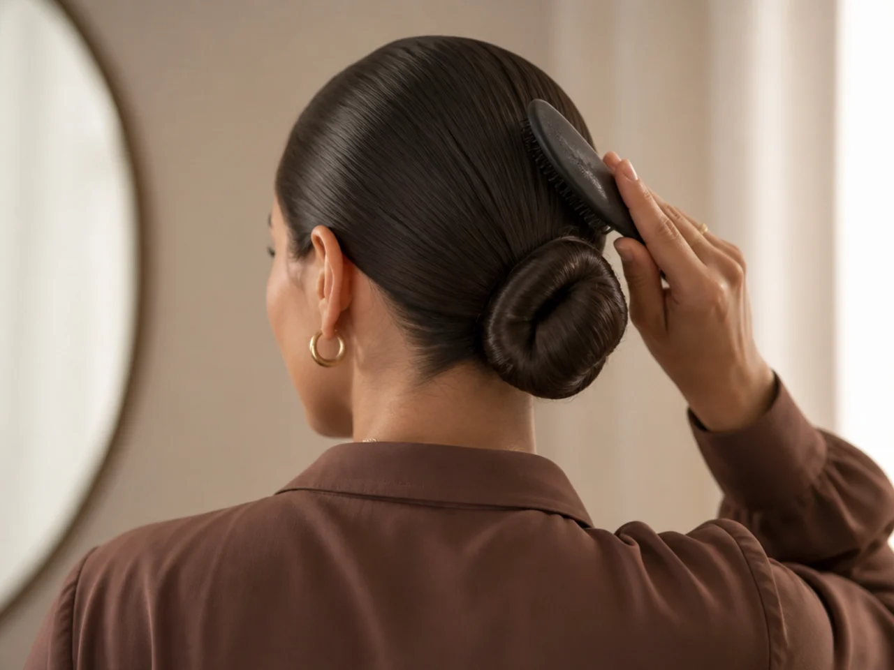 A sleek bun being re-brushed part-way through the day