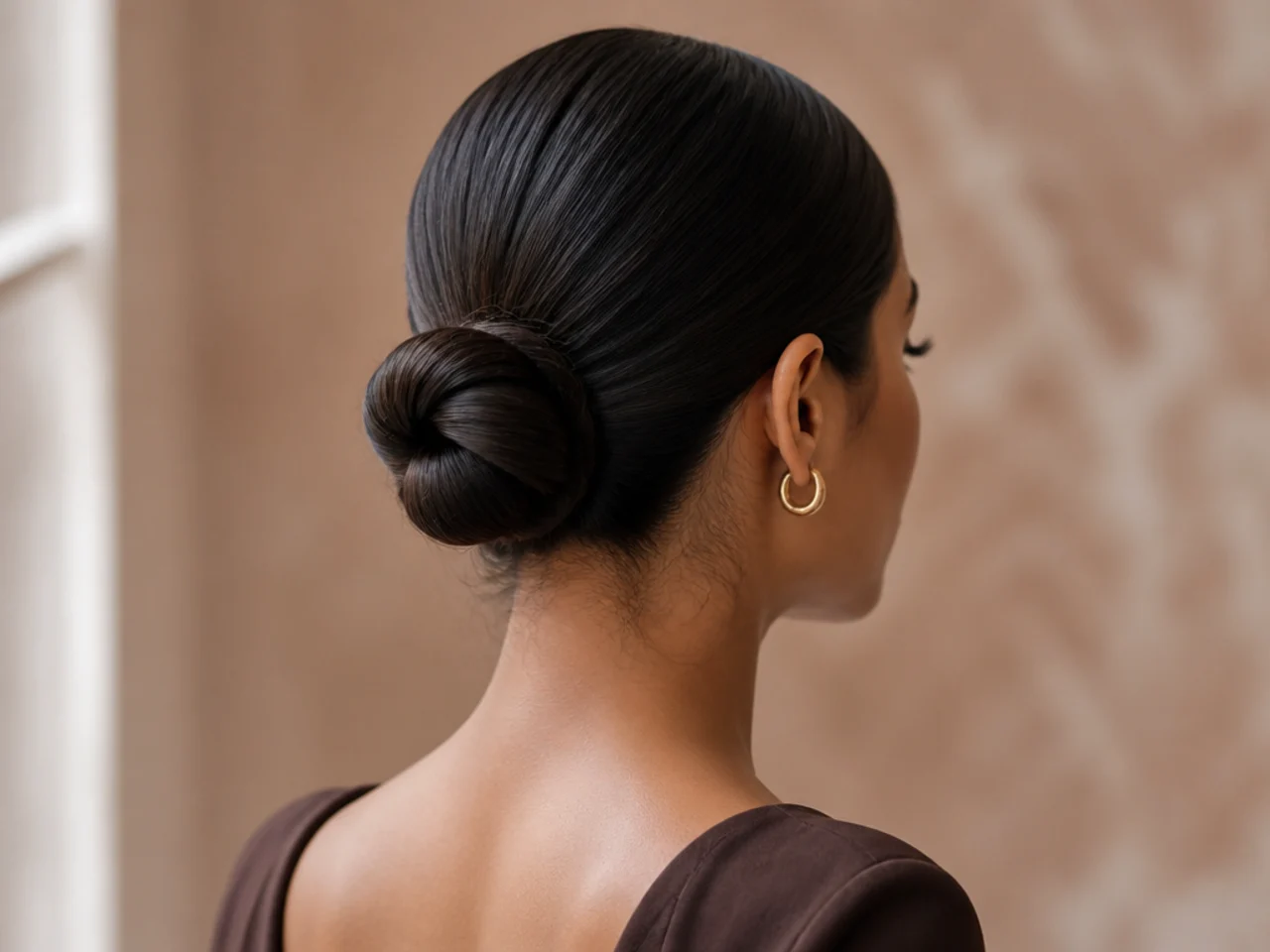 Three-quarter view of a finished sleek bun