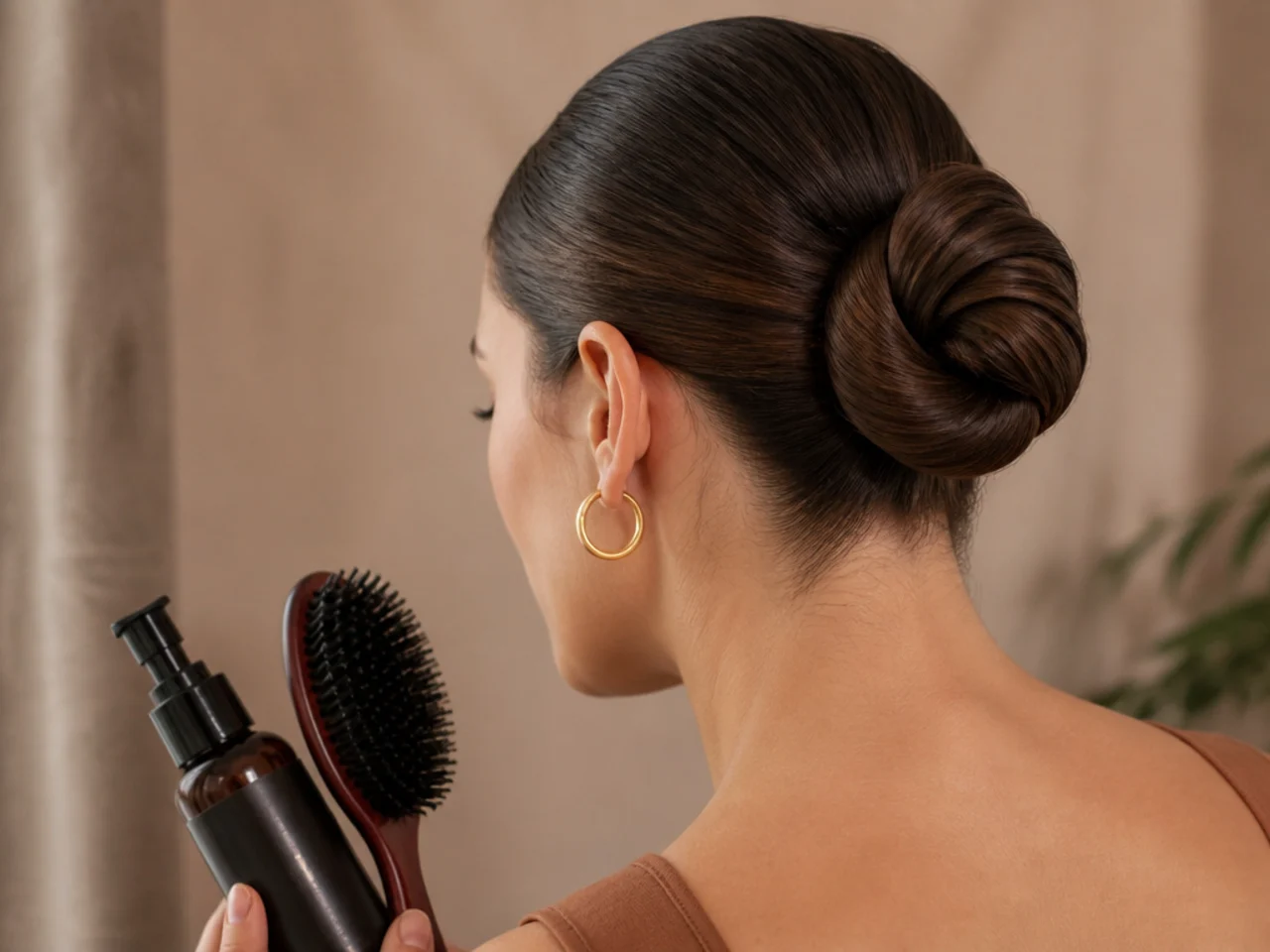 A boar bristle brush beside a bottle of serum